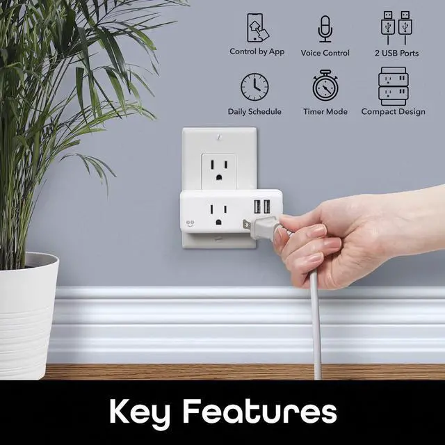 Alt view image 2 of 7 - Geeni Switch + Charge Multi Port Smart Wi-Fi Plug with 2 USB Ports, Energy Saving Outlet with Power Monitoring and App Control, Compatible with Alexa and Google Home (GN-WW131-199)