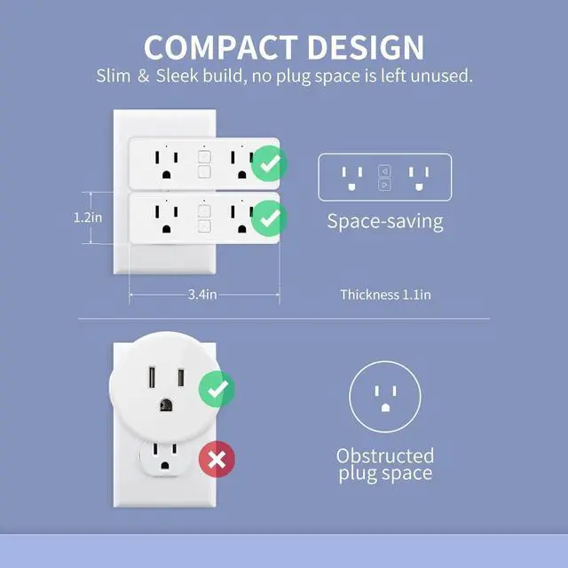 Alt view image 7 of 7 - 15A Dual Smart Plug, WiFi Outlet Extender, Smart Socket with Schedule&Timer, Bluetooth Outlets Compatible with Alexa and Google Assistant, ETL&FCC Certified, No Hub Required, 2.4G WiFi Only, 4-Pack