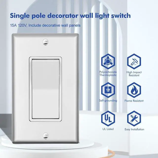 Alt view image 2 of 7 - Micmi Single Pole Decorator Wall Light Switch, Paddle Rocker Interrupter Residential Grade 3 Wires Grounding 15A 120/277V UL Listed (2 Pack, Silver)