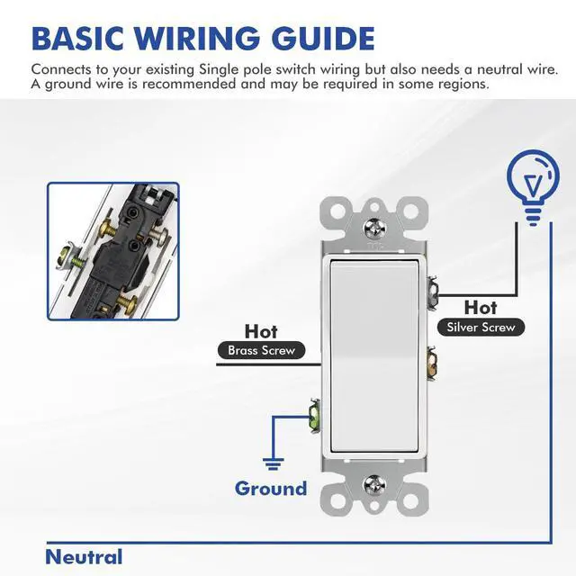 Alt view image 3 of 7 - Micmi Single Pole Decorator Wall Light Switch, Paddle Rocker Interrupter Residential Grade 3 Wires Grounding 15A 120/277V UL Listed (2 Pack, Silver)