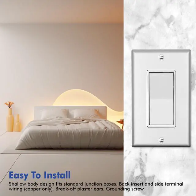 Alt view image 7 of 7 - Micmi Single Pole Decorator Wall Light Switch, Paddle Rocker Interrupter Residential Grade 3 Wires Grounding 15A 120/277V UL Listed (2 Pack, Silver)