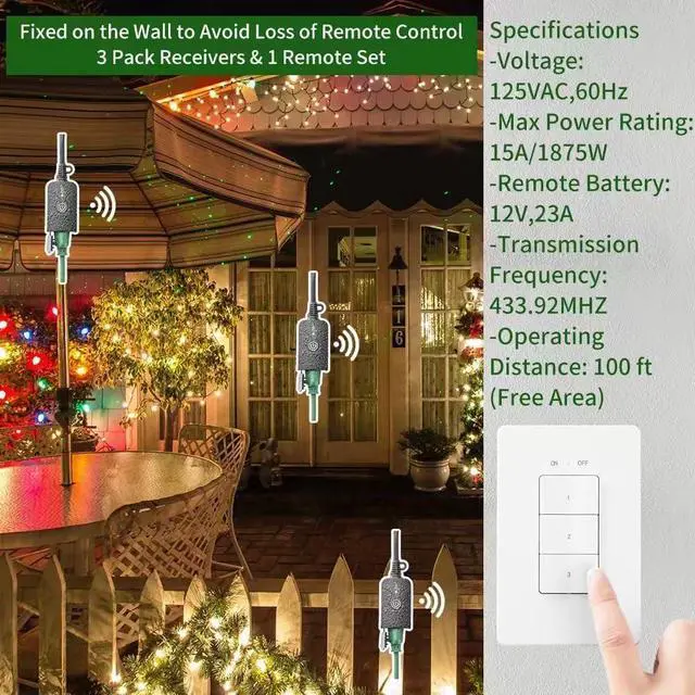 Alt view image 2 of 7 - Outdoor Wireless Remote Control Outlets(3 Receiver, 1 Remote), Weatherproof Heavy Duty 15Amp Grounded Electrical Plug in Remote Light Switch, 100ft RF Range, ETL Listed(Battery Included)