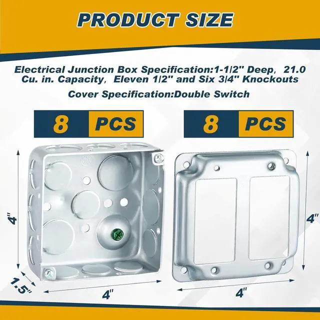 Alt view image 2 of 7 - 16 Pcs 8 Set 4 × 4" Electrical Junction Box with Cover Electrical Metal Outlet Box, 21.0 Cu. in. Capacity Receptacle Exposed Work Cover, 1-1/2'' Deep(2 Gfci)