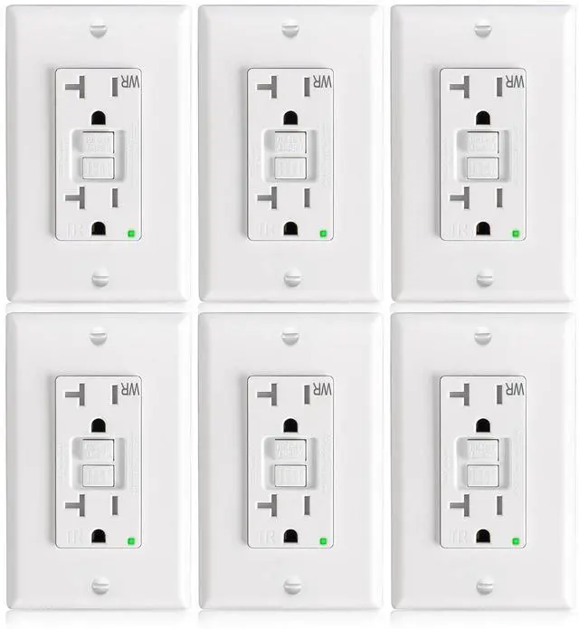 Main image of Amico 6 Pack GFCI Outlet 20 Amp with Thinner Design, Weather Resistant (WR), Self-Test GFI Receptacles with LED Indicator, Wall Plates and Screws Included, Indoor or Outdoor, ETL Listed, White