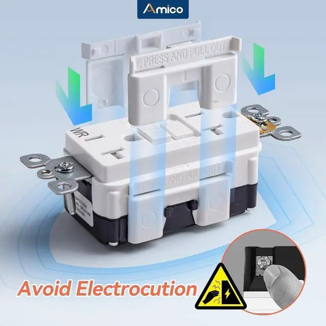 Alt view image 4 of 7 - Amico 6 Pack GFCI Outlet 20 Amp with Thinner Design, Weather Resistant (WR), Self-Test GFI Receptacles with LED Indicator, Wall Plates and Screws Included, Indoor or Outdoor, ETL Listed, White
