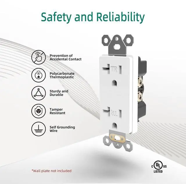Alt view image 2 of 7 - 10 Pack 20A Decorator Wall Receptacle Outlet, Residential and Commercial Use, Tamper-Resistant Standard Receptacle, 2 Pole 3 Wire, Self-Grounding, Child Proof, UL Listed, White,