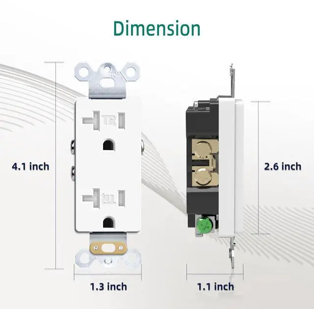 Alt view image 4 of 7 - 10 Pack 20A Decorator Wall Receptacle Outlet, Residential and Commercial Use, Tamper-Resistant Standard Receptacle, 2 Pole 3 Wire, Self-Grounding, Child Proof, UL Listed, White,