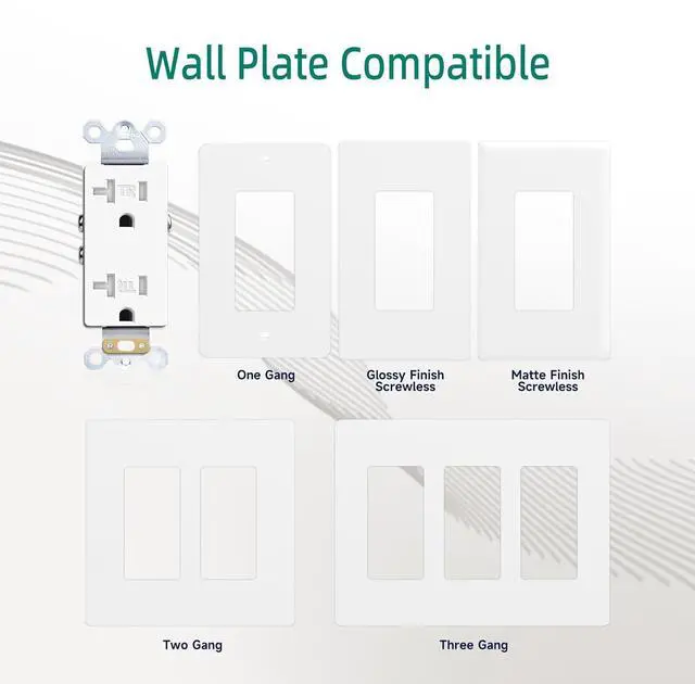 Alt view image 5 of 7 - 10 Pack 20A Decorator Wall Receptacle Outlet, Residential and Commercial Use, Tamper-Resistant Standard Receptacle, 2 Pole 3 Wire, Self-Grounding, Child Proof, UL Listed, White,