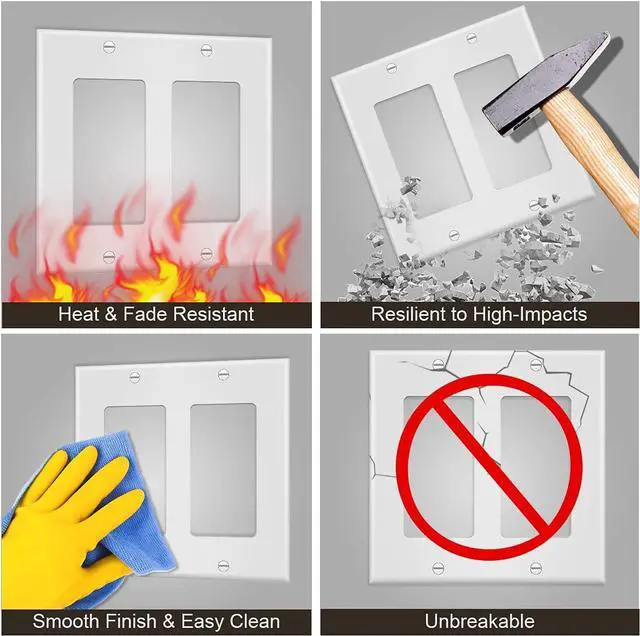 Alt view image 3 of 7 - 2-Gang Switch Outlet Wall Plate Cover Double Decora Electrical Faceplate for Light Switches, Smart Switch,Dimmers, GFCI, Receptacle, USB Outlet, White (4-Pack)