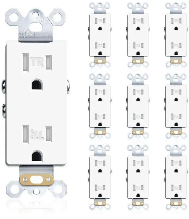 Main image of Duplex Receptacle Electrical Outlet, 15A Standard Residential Grade Tamper-Resistant, 2 Pole 3 Wire, Self-Grounding, Child Proof, Commercial Use, UL Listed, White, 10 Pack