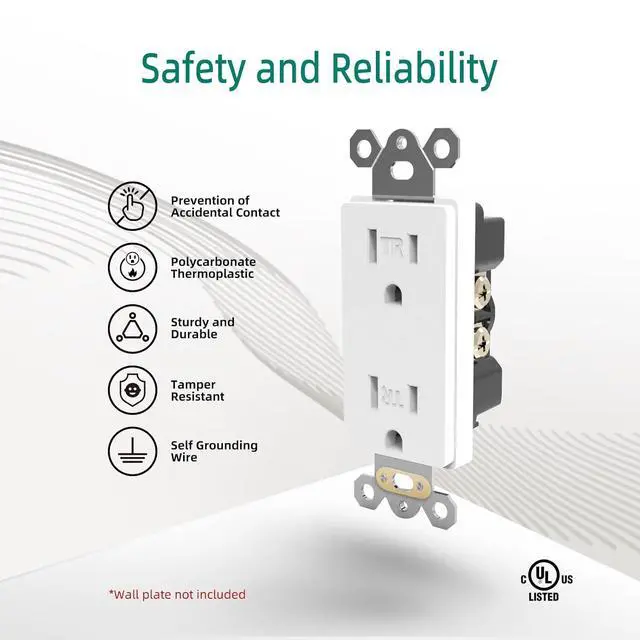 Alt view image 2 of 7 - Duplex Receptacle Electrical Outlet, 15A Standard Residential Grade Tamper-Resistant, 2 Pole 3 Wire, Self-Grounding, Child Proof, Commercial Use, UL Listed, White, 10 Pack