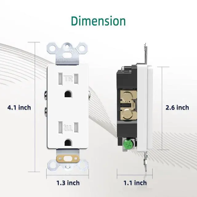Alt view image 4 of 7 - Duplex Receptacle Electrical Outlet, 15A Standard Residential Grade Tamper-Resistant, 2 Pole 3 Wire, Self-Grounding, Child Proof, Commercial Use, UL Listed, White, 10 Pack