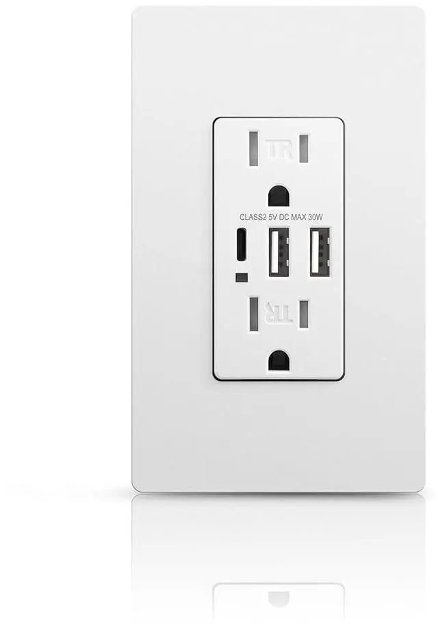 Main image of USB Outlet, 6.0A Wall Outlet Receptacle, 15Amp Charging Power Outlet with USB Ports, 3-Port Type C 3.6A 30W Wall Outlet, Compatible with iPhone 16 Series & More, UL Listed, White