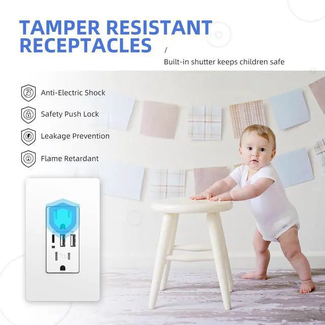 Alt view image 2 of 7 - USB Outlet, 6.0A Wall Outlet Receptacle, 15Amp Charging Power Outlet with USB Ports, 3-Port Type C 3.6A 30W Wall Outlet, Compatible with iPhone 16 Series & More, UL Listed, White