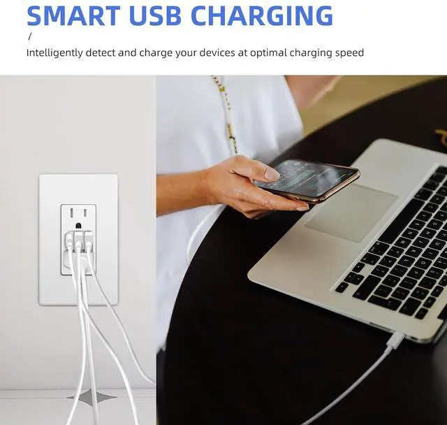 Alt view image 4 of 7 - USB Outlet, 6.0A Wall Outlet Receptacle, 15Amp Charging Power Outlet with USB Ports, 3-Port Type C 3.6A 30W Wall Outlet, Compatible with iPhone 16 Series & More, UL Listed, White