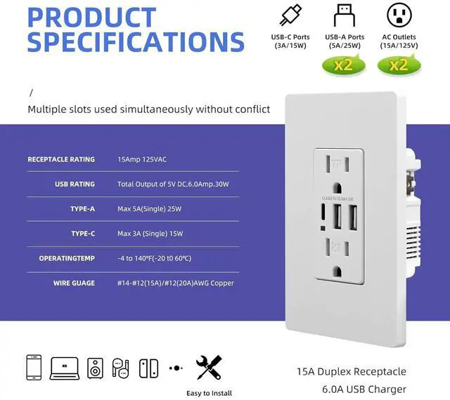 Alt view image 7 of 7 - USB Outlet, 6.0A Wall Outlet Receptacle, 15Amp Charging Power Outlet with USB Ports, 3-Port Type C 3.6A 30W Wall Outlet, Compatible with iPhone 16 Series & More, UL Listed, White