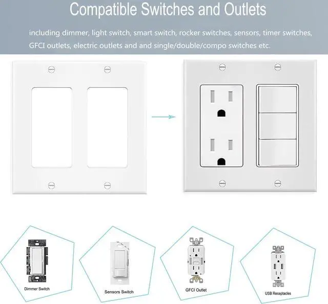 Alt view image 3 of 6 - 2-Gang Switch Outlet Wall Plate Cover Double Decora Electrical Faceplate for Light Switch, Smart Switch, Receptacle, Dimmers, USB Outlet, GFCI, White (4-Pack)