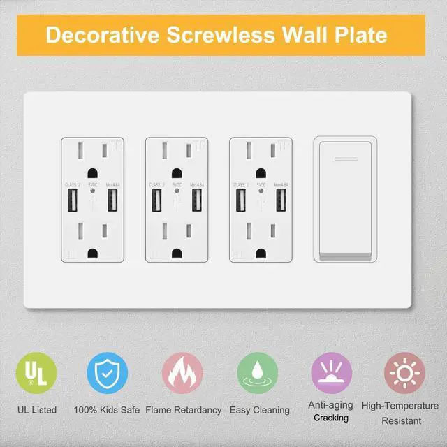Alt view image 2 of 6 - 4-Gang Decora Screwless Wall Plate, Decorator Outlet Plate Cover for Light Switches, Dimmers, GFCI, Receptacle, UL Listed, White (6-Pack)