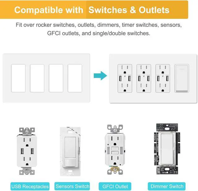 Alt view image 3 of 6 - 4-Gang Decora Screwless Wall Plate, Decorator Outlet Plate Cover for Light Switches, Dimmers, GFCI, Receptacle, UL Listed, White (6-Pack)