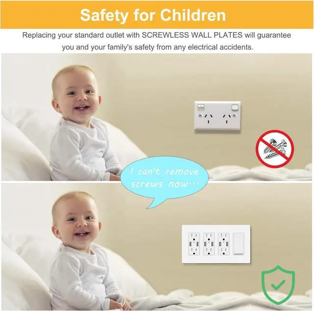 Alt view image 4 of 6 - 4-Gang Decora Screwless Wall Plate, Decorator Outlet Plate Cover for Light Switches, Dimmers, GFCI, Receptacle, UL Listed, White (6-Pack)