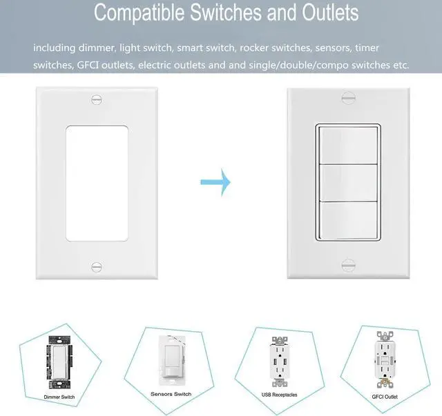 Alt view image 3 of 6 - 1-Gang Switch Outlet Wall Plate Cover Single Decora Electrical Faceplate for Light Switch, Smart Switch, Receptacle, Dimmers, USB Outlet, GFCI, White (10-Pack)