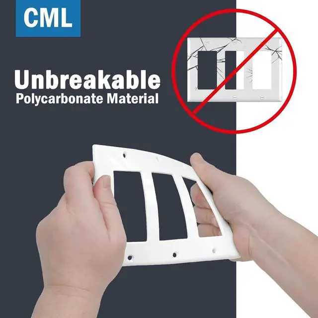Alt view image 3 of 7 - CML 3-Gang Decorator Wall Plates, 4 Pack Electrical Outlet Receptacle Covers and Switch Plates, Standard Size 4.5x6.38, Impact Resistant, UL Listed, White