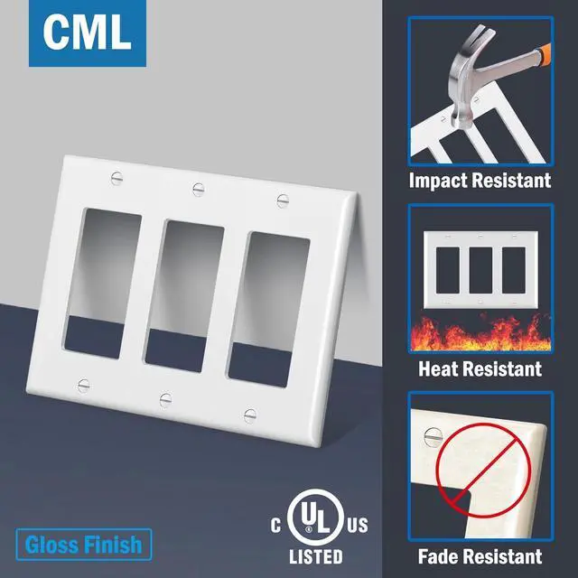 Alt view image 2 of 7 - CML 3-Gang Decorator Wall Plates, 4 Pack Electrical Outlet Receptacle Covers and Switch Plates, Standard Size 4.5x6.38, Impact Resistant, UL Listed, White