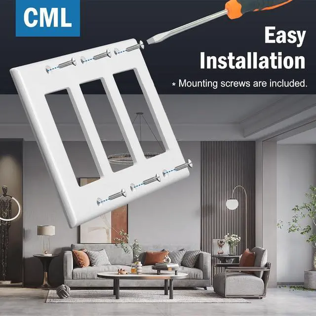 Alt view image 4 of 7 - CML 3-Gang Decorator Wall Plates, 4 Pack Electrical Outlet Receptacle Covers and Switch Plates, Standard Size 4.5x6.38, Impact Resistant, UL Listed, White