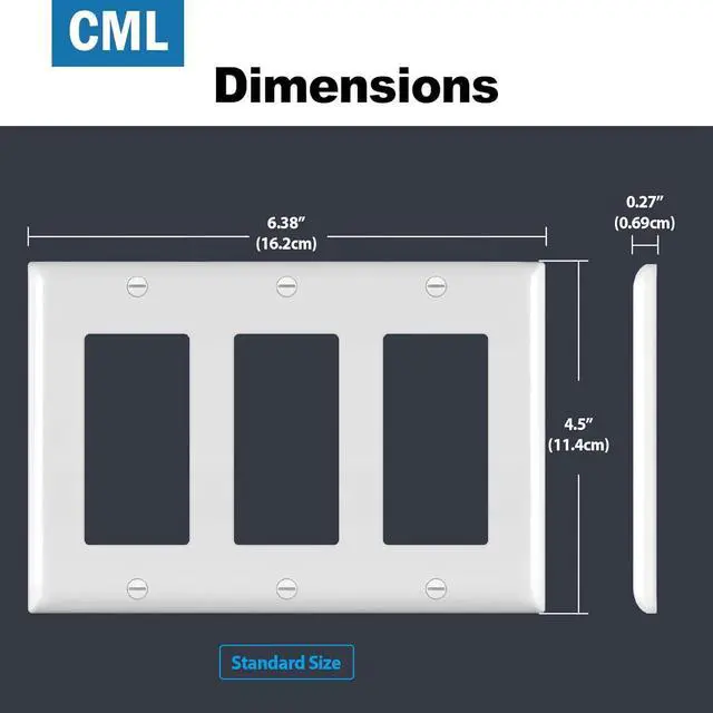 Alt view image 5 of 7 - CML 3-Gang Decorator Wall Plates, 4 Pack Electrical Outlet Receptacle Covers and Switch Plates, Standard Size 4.5x6.38, Impact Resistant, UL Listed, White