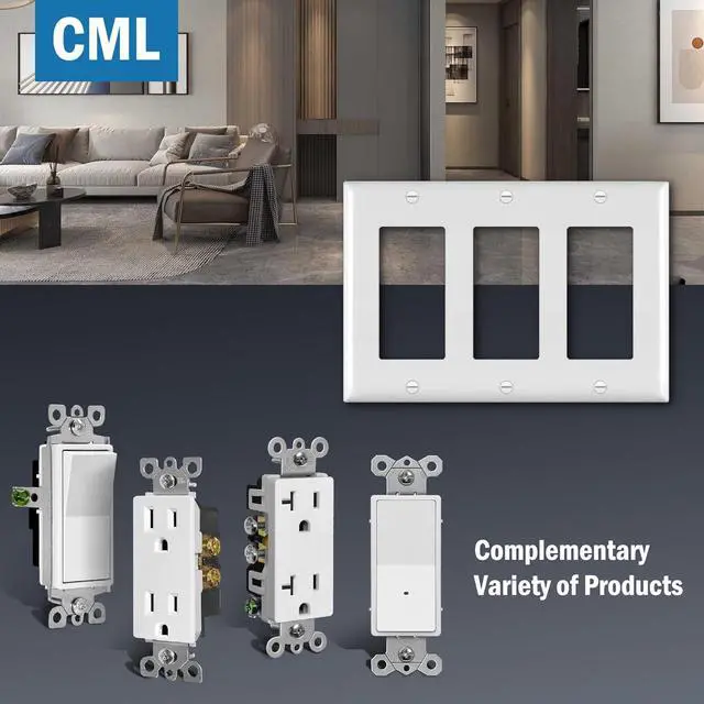 Alt view image 6 of 7 - CML 3-Gang Decorator Wall Plates, 4 Pack Electrical Outlet Receptacle Covers and Switch Plates, Standard Size 4.5x6.38, Impact Resistant, UL Listed, White