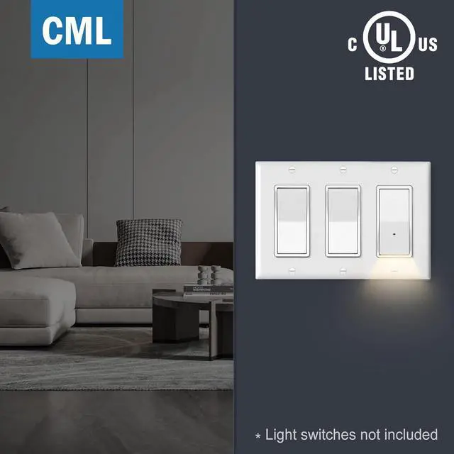 Alt view image 7 of 7 - CML 3-Gang Decorator Wall Plates, 4 Pack Electrical Outlet Receptacle Covers and Switch Plates, Standard Size 4.5x6.38, Impact Resistant, UL Listed, White