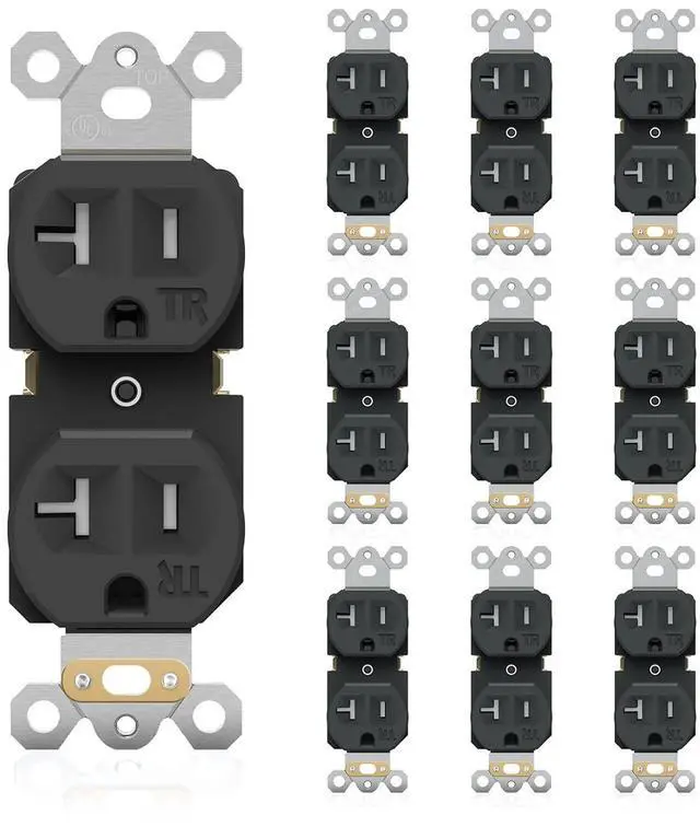 Main image of 20A Electrical Wall Outlet Black, Residential Grade Standard Duplex Receptacle, Tamper-Resistant, 2 Pole 3 Wire, Self-Grounding, Child Proof, Commercial Use, UL Listed, 10 Pack