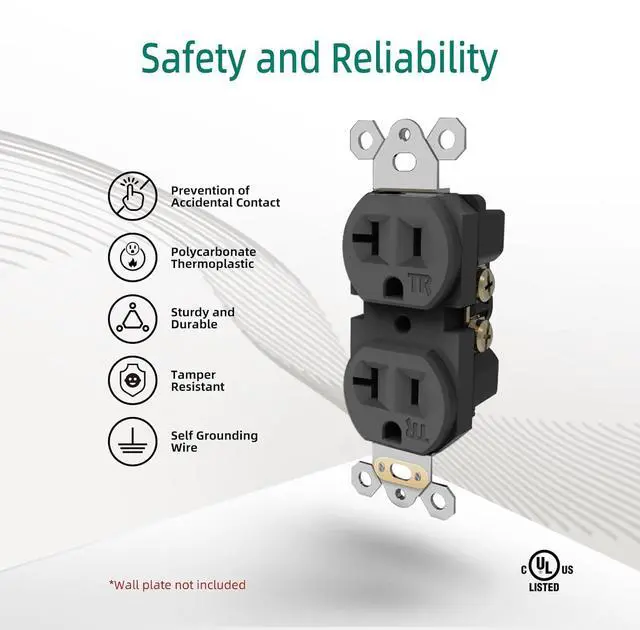 Alt view image 2 of 7 - 20A Electrical Wall Outlet Black, Residential Grade Standard Duplex Receptacle, Tamper-Resistant, 2 Pole 3 Wire, Self-Grounding, Child Proof, Commercial Use, UL Listed, 10 Pack