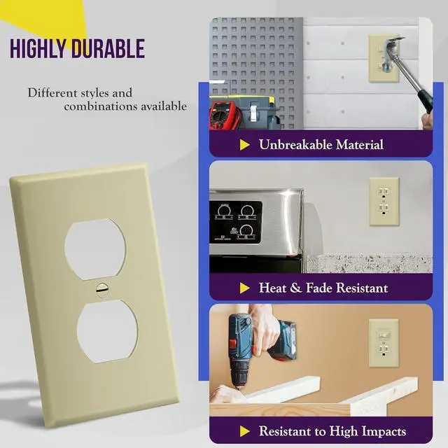 Alt view image 4 of 7 - Duplex Wall Plates Kit by Enerlites 8821-I Home Electrical Outlet Cover, 1-Gang Standard Size, Unbreakable Polycarbonate Material, Ivory- 10 Pack Dual Port Replacement Receptacle Faceplates
