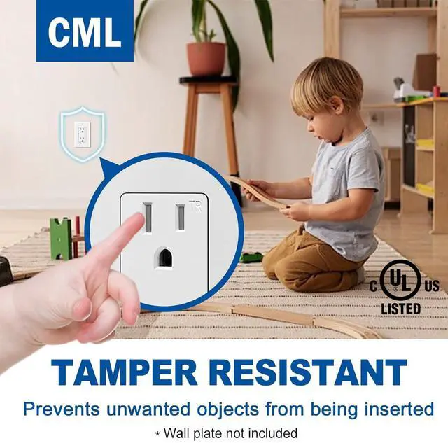 Alt view image 3 of 7 - CML 15 Amp Decorator Wall Receptacle Outlet, Child-Safe Tamper Resistant, Standard Electrical Outlets, 15A/125V, 2 Pole 3 Wire, UL Listed, 20 Pack, White