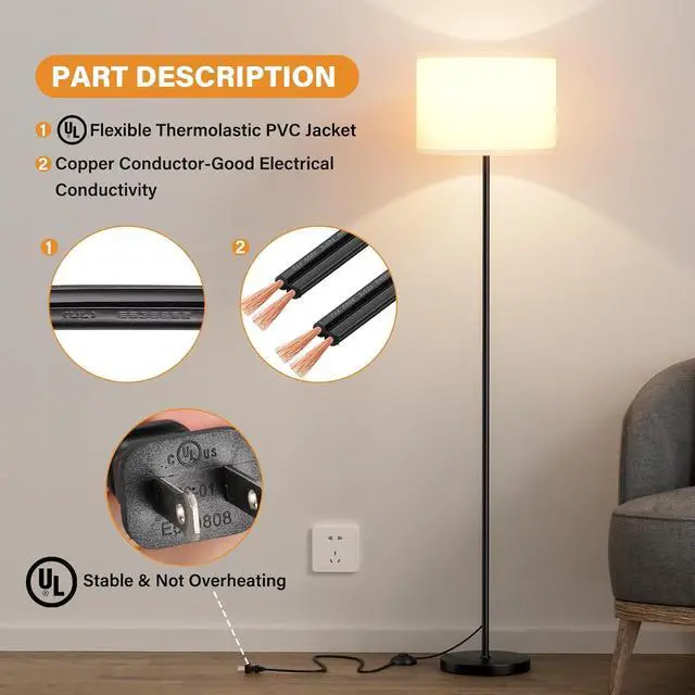 Alt view image 5 of 7 - Modern Floor Lamp Simple Design with White Shade, Foot Pedal Switch, 60" Small Tall Lamps for Living Room Bedroom Office Dining Room Kitchen, Black Pole Lamp(Without Bulb)