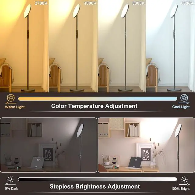 Alt view image 2 of 6 - Floor Lamp for Living Room, Super Bright 30W LED Standing Lamp with Remote and Touch Control , Stepless Dimmable Brightness and Color Temperatures, 69 Tall Modern Black Floor Lamps for Bedroom Office