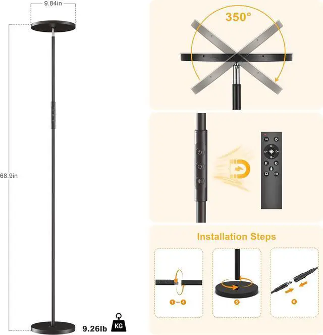 Alt view image 4 of 6 - Floor Lamp for Living Room, Super Bright 30W LED Standing Lamp with Remote and Touch Control , Stepless Dimmable Brightness and Color Temperatures, 69 Tall Modern Black Floor Lamps for Bedroom Office
