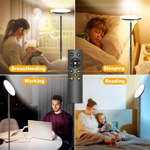 Alt view image 5 of 6 - Floor Lamp for Living Room, Super Bright 30W LED Standing Lamp with Remote and Touch Control , Stepless Dimmable Brightness and Color Temperatures, 69 Tall Modern Black Floor Lamps for Bedroom Office
