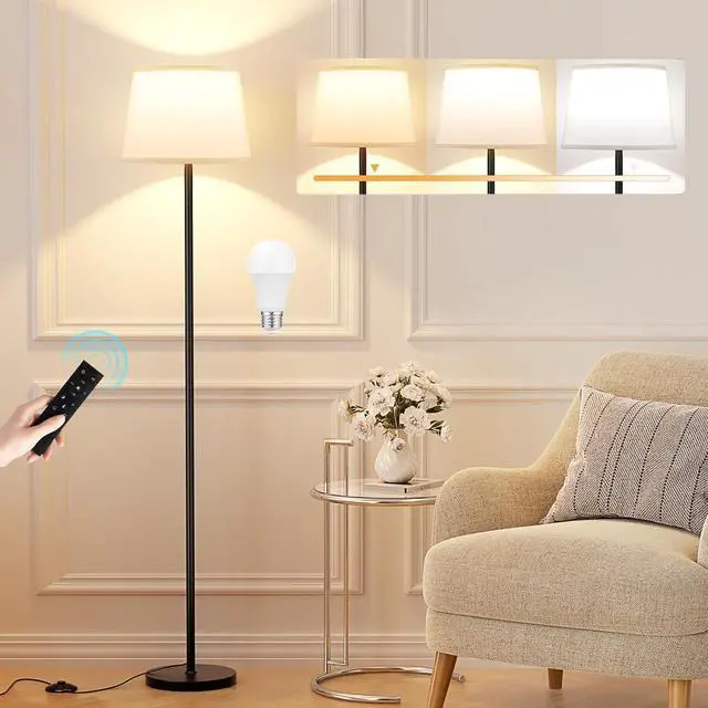 Main image of Modern Floor Lamp with Adjustable Brightness, Remote Control, Black, LED Bulbs, White Shade, Foot Switch, Easy Assembly