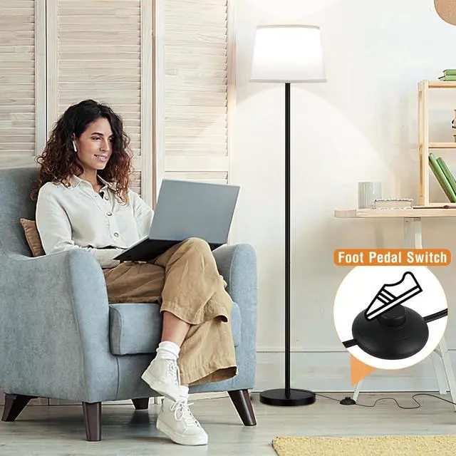 Alt view image 3 of 6 - Modern Floor Lamp with Adjustable Brightness, Remote Control, Black, LED Bulbs, White Shade, Foot Switch, Easy Assembly