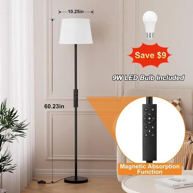 Alt view image 2 of 6 - Modern Floor Lamp with Adjustable Brightness, Remote Control, Black, LED Bulbs, White Shade, Foot Switch, Easy Assembly