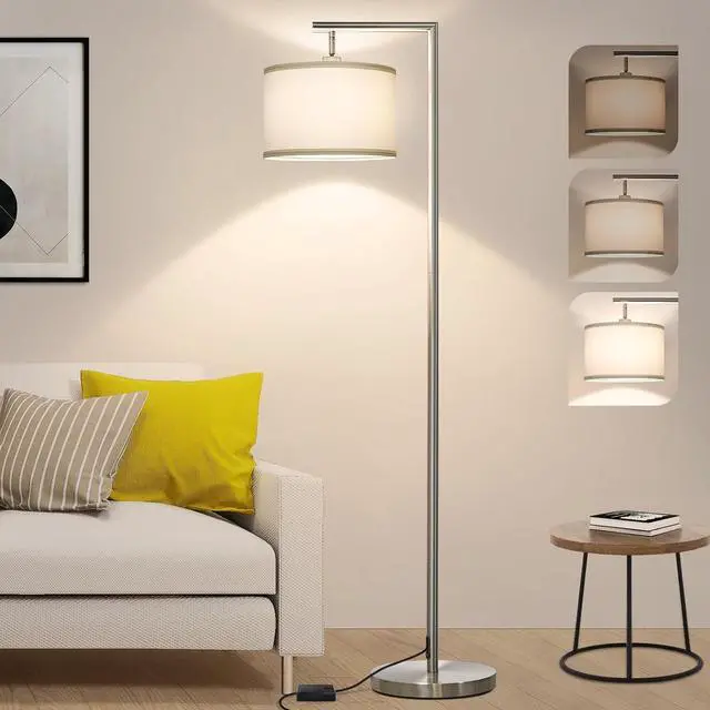 Main image of Dimmable Silver Floor Lamp, Brushed Nickel Floor Lamps for Living Room with Adjustable White Shade, Tall Standing Lamp Modern Reading Light for Bedroom Office Nursery, 9W LED Bulb Included