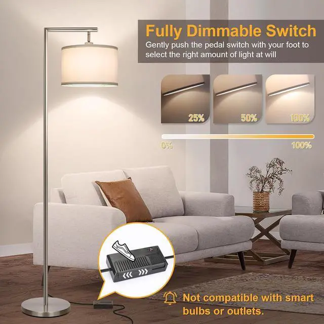 Alt view image 3 of 7 - Dimmable Silver Floor Lamp, Brushed Nickel Floor Lamps for Living Room with Adjustable White Shade, Tall Standing Lamp Modern Reading Light for Bedroom Office Nursery, 9W LED Bulb Included