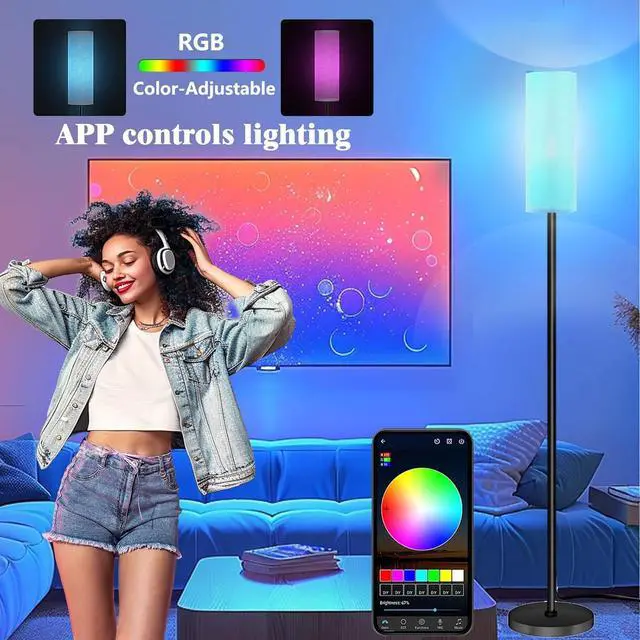 Alt view image 4 of 7 - Smart LED Floor Lamp with APP Control & RGB Colors - Dimmable Standing Lamp for Living Room, Bedroom, Gaming - Remote, Timer, 9W Bulb Included, 67" Modern Tall Lamp (White)