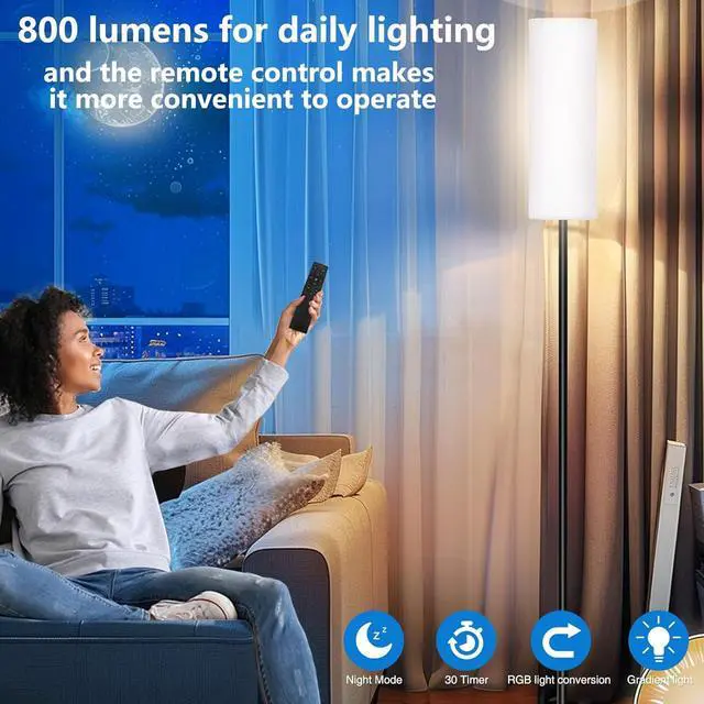 Alt view image 6 of 7 - Smart LED Floor Lamp with APP Control & RGB Colors - Dimmable Standing Lamp for Living Room, Bedroom, Gaming - Remote, Timer, 9W Bulb Included, 67" Modern Tall Lamp (White)