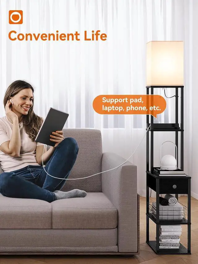 Alt view image 5 of 7 - addlon Floor lamp with 2 USB, 1 Outlet and Drawer, 3 Color Temperatures LED Bulb (9W), Sofa lamp with White lampshade, Display Floor lamp with Shelves for Living Room, Bedroom and Office - Black