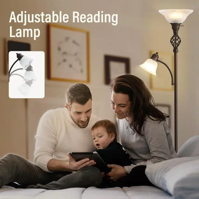 Alt view image 5 of 6 - Torchiere Floor Lamp for Living Room, LED Standing Reading Light for Bedroom with Glass Shade for Living Room Corner Bedroom Home Office,Bulbs Included (Red Brown,Glass 2 Head)