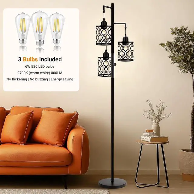 Alt view image 3 of 7 - Plug-in Dimmable Farmhouse Floor Lamp, Industrial Floor Lamp for Living Room with 3 X 6W LED Bulbs, 3 Light Rustic Standing Tall Lamp for Bedroom, Office, 68