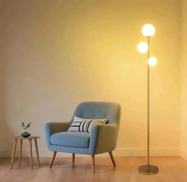 Main image of Fiqevs 3 Globe Mid Century Modern Floor Lamp for Living Room, Gold Standing Lamp with Frosted Glass Shade and 3x2700K Warm LED Bulbs, Vintage Retro Tall Lamps for Bedrooms, Office - Antique Brass
